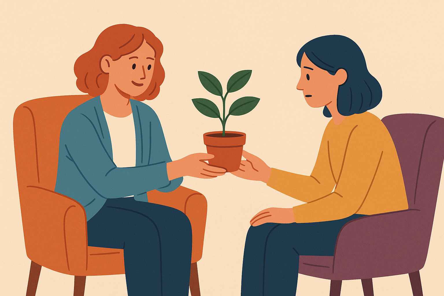 Ilustración de dos personas sentadas compartiendo una planta como símbolo de apoyo emocional mutuo
