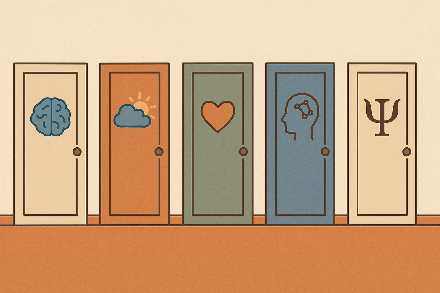 Ilustración de cinco puertas con iconos de cerebro, sol, corazón y psicología que simbolizan diferentes tipos de terapia