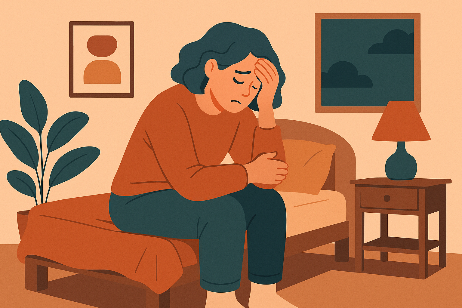 Ilustración de una mujer sentada en la cama con la cabeza apoyada en la mano en actitud pensativa o triste