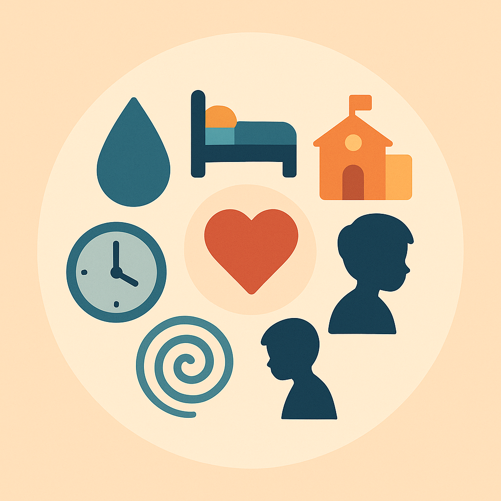 Círculo con íconos que representan señales de alerta en la infancia como tristeza, insomnio, ansiedad o aislamiento.