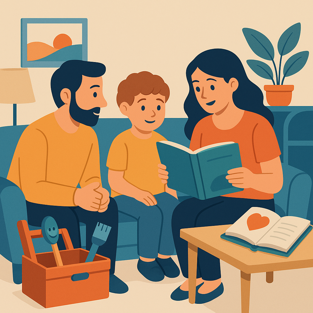 Familia en casa comparte un cuento emocional con su hijo y preparan herramientas para fortalecer el bienestar emocional.