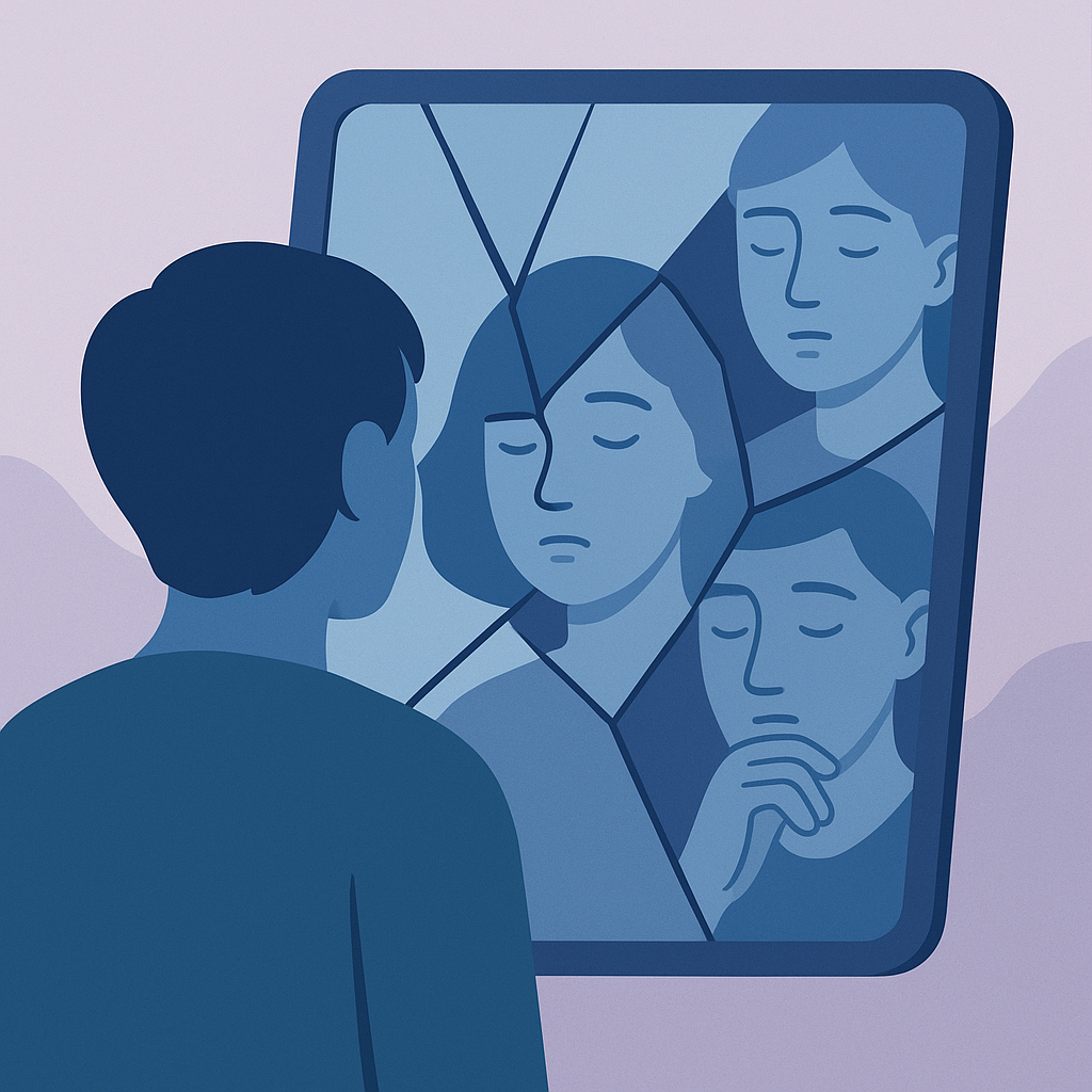  Persona frente a un espejo con fragmentos que reflejan distintas emociones y fases del proceso.