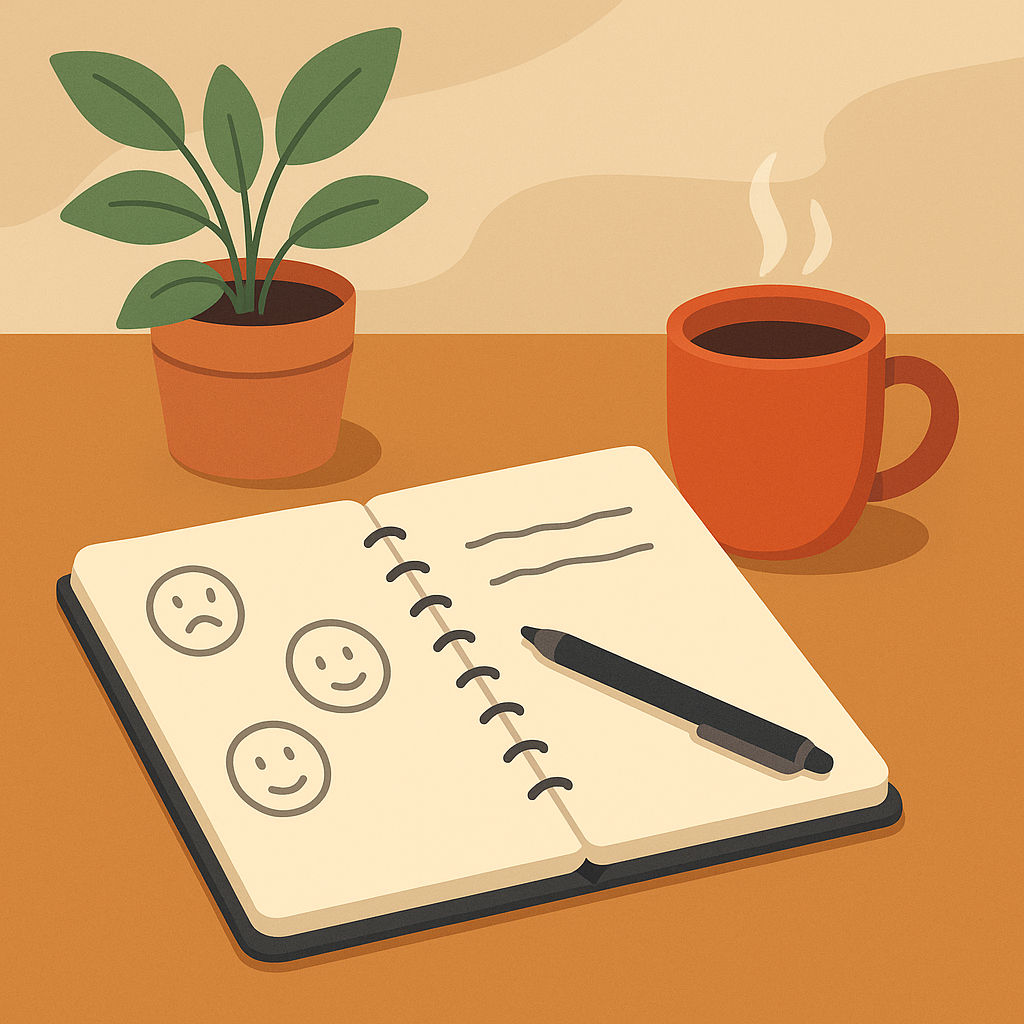 Cuaderno de autoobservación con notas emocionales en un ambiente relajante
