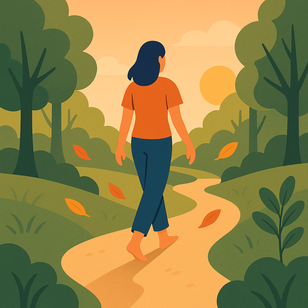 Persona caminando con calma por un sendero natural para liberar estrés
