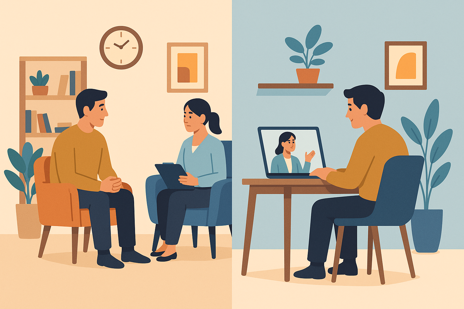 Comparativa visual entre terapia presencial en consulta y terapia online desde casa.