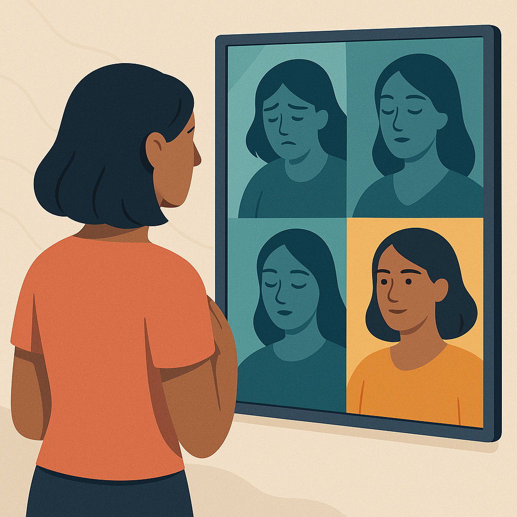  Persona frente a un espejo que refleja múltiples versiones emocionales de sí misma.