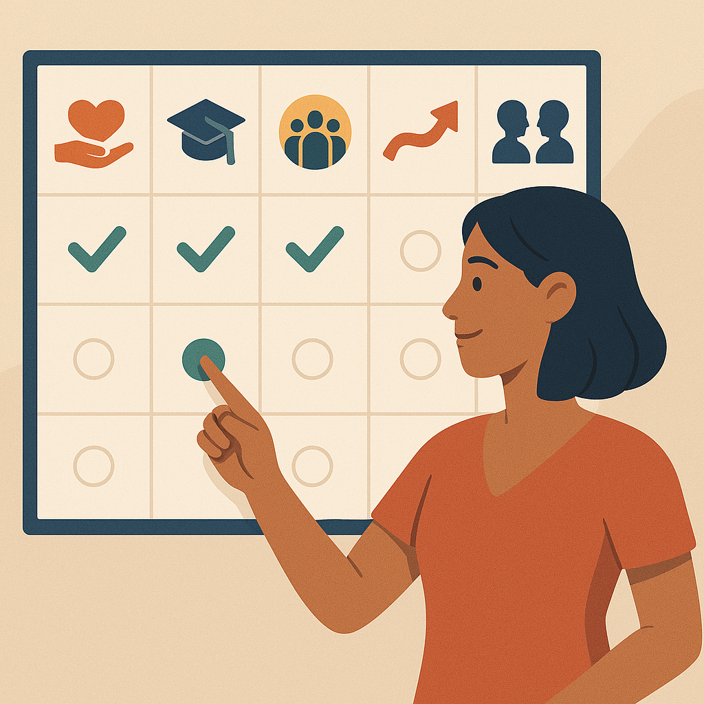 Tabla visual con criterios esenciales para elegir psicólogo y figura decidiendo con confianza.