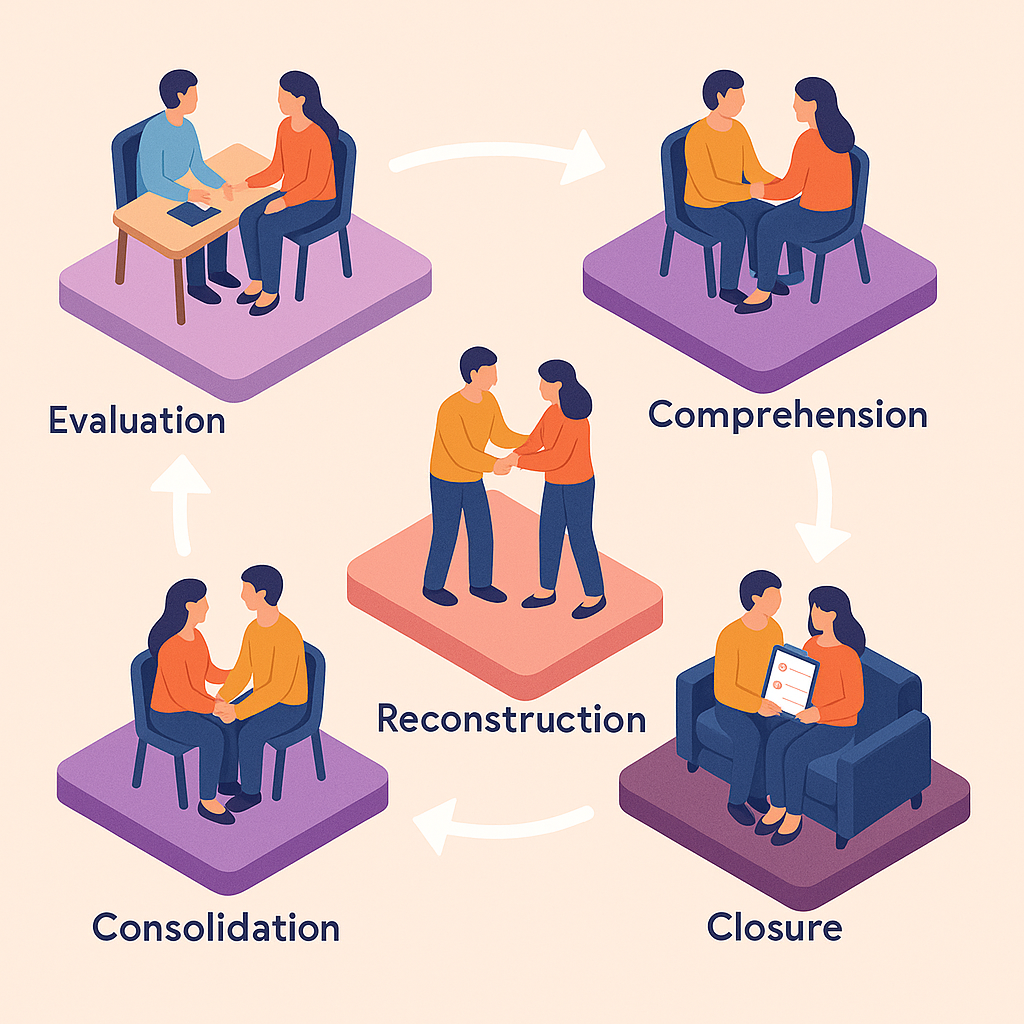 Etapas de la terapia de pareja representadas como escenas sucesivas con la misma pareja.