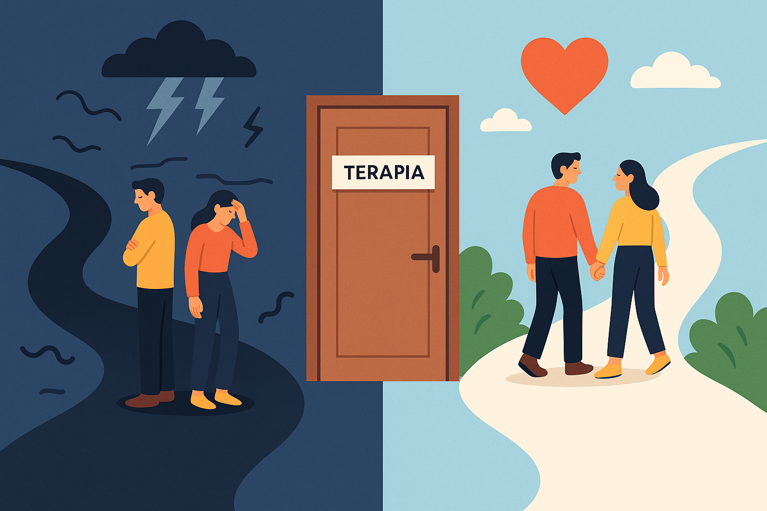 Pareja dialogando en sesión de terapia con terapeuta al fondo guiando la conversación.